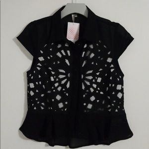 Black & white laser cutout peplum blouse top shirt